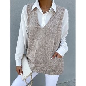 Marled Knit Oversized Vest Khaki V-Neck with Pockets